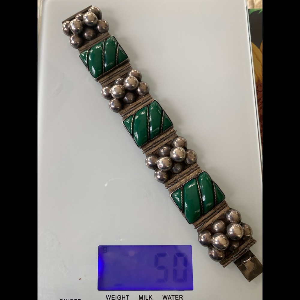 VTG Sterling Silver Bracelet Green Onyx 29 mm Wide, Mexico 7" 50g BEAUTIFUL!